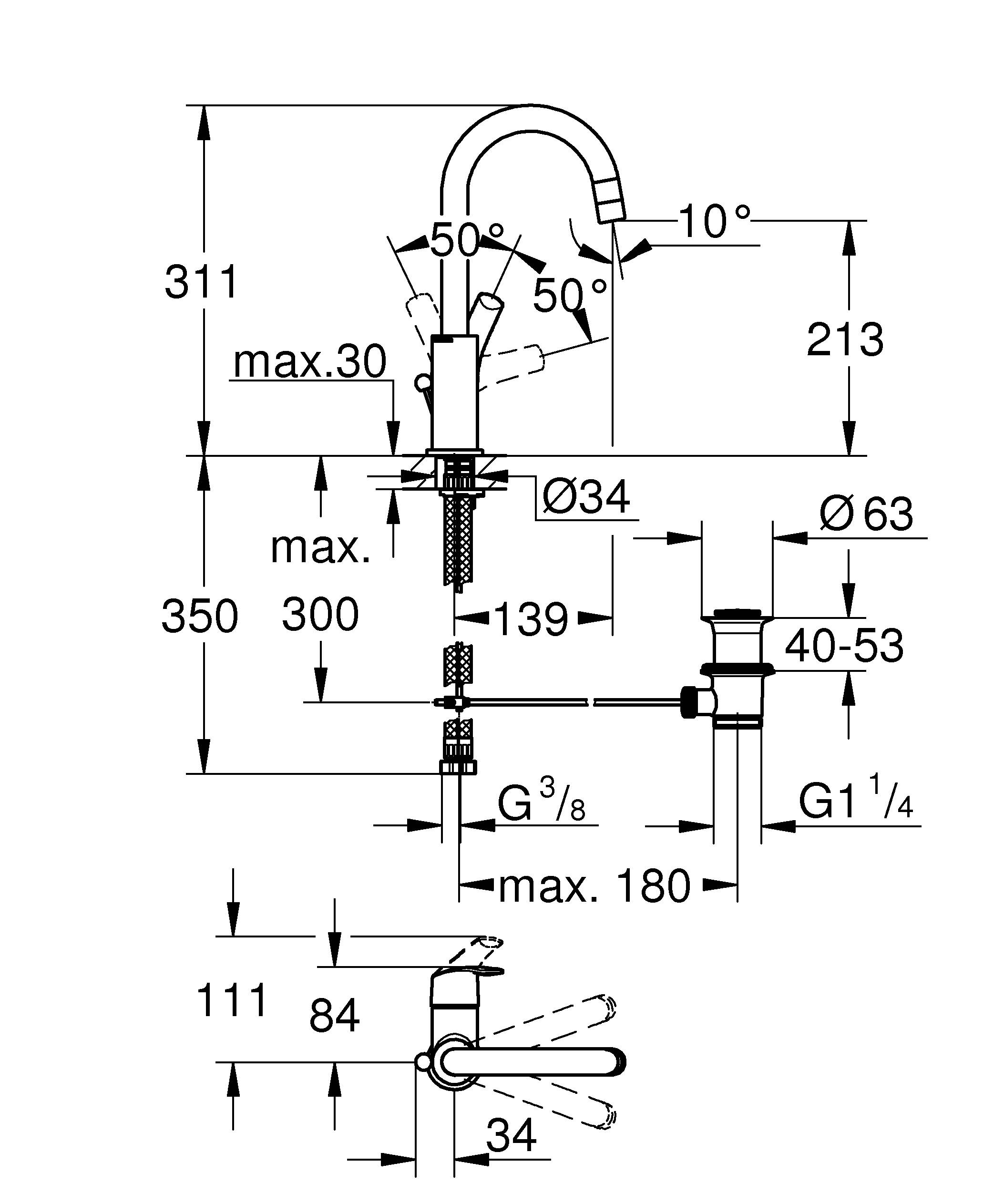 Смеситель для раковины GROHE Eurosmart New с высоким изливом и донным клапаном, L-size, хром (23537002) - Вид №1