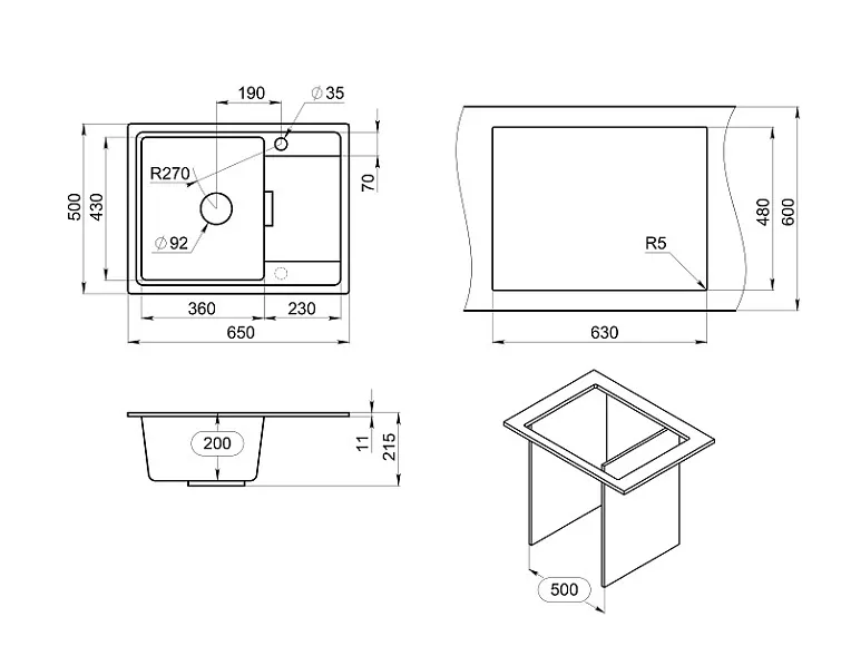 6503, ШВАРЦ (чёрный металлик), кухонная мойка, кварц GRANULA 6503-ST157 - Вид №3