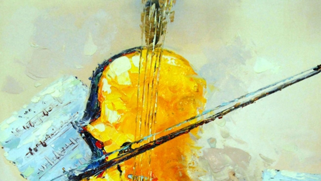 Картина на холсте 100х100 см "Контрабас" EVENHOME КАРТИНЫ МАСЛОМ 129878 Голубой;желтый  - Вид №1