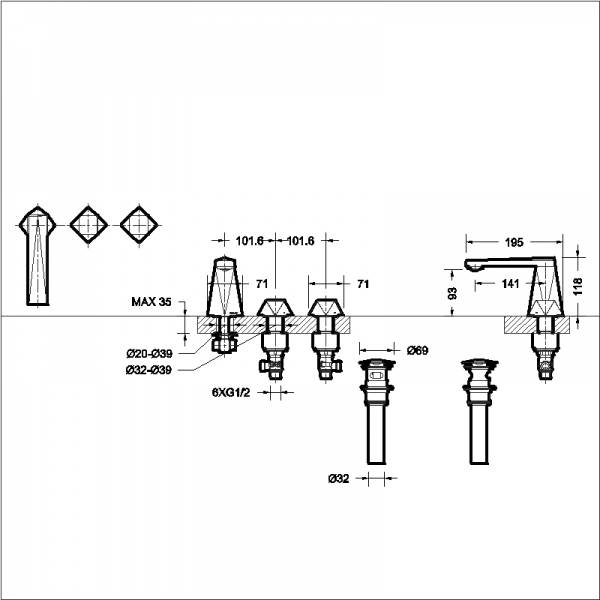 Смеситель для умывальника на три отверстия S DIAMOND F218102C bravat - Вид №1