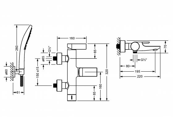 Смеситель для ванны настенный с душевым гарнитуром ½“ JOERGER Exalновинка 632.20.500.000 - Вид №1