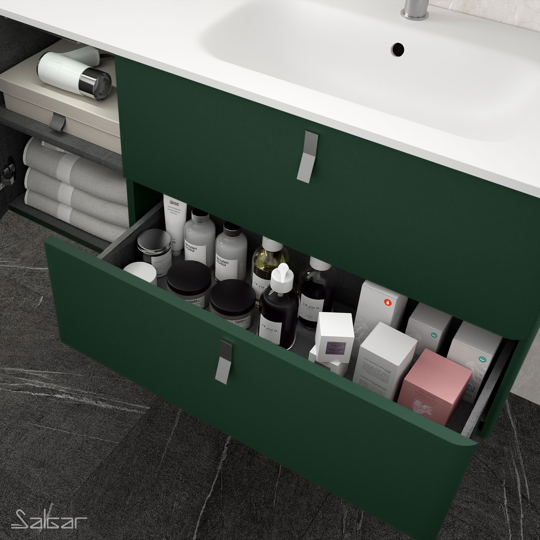 83126 SALGAR Мебель для умывальника UNIIQ 900 ROYAL GREEN левая 1 дверца и 2 ящика с мягким закрыванием 897 x 540 x 450 мм  - Вид №2