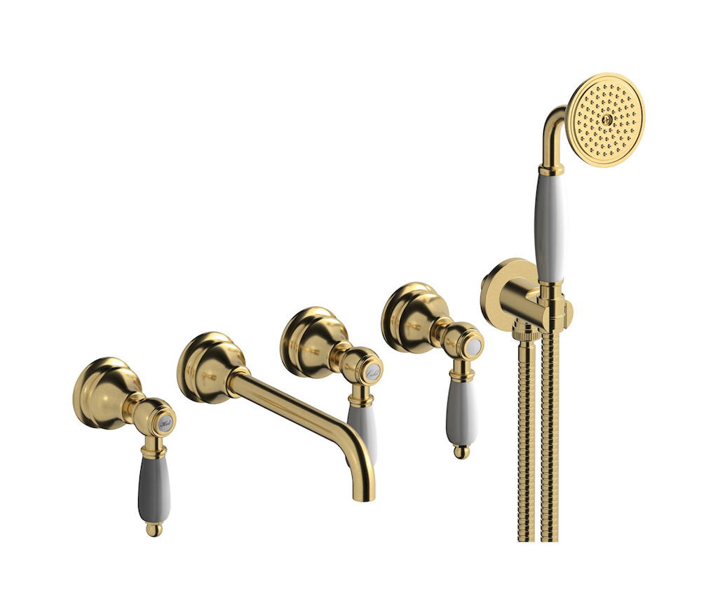 Настенный смеситель для ванной на 5 отверстий с дивертером и душевым гарнитуром. WE ARE IB hl398os_2 Brushed Gold Hermes