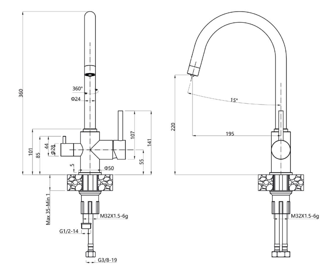Смеситель для кухни из нержавеющей стали Tubico Kitchen River ARCH-00017519