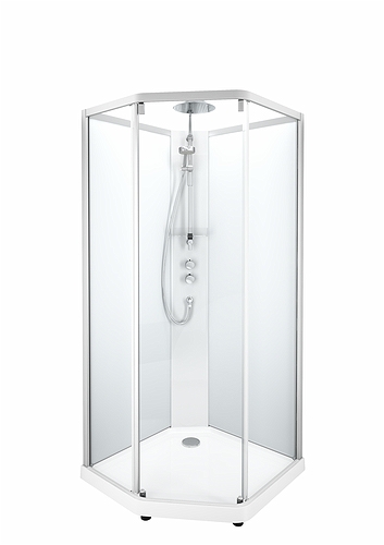 558.907.00.1 IDO Showerama 10-5 900x800 Pentagon Comfort, душевая кабина IDO Showerama в сборе с пятиугольником Comfort, белые профили / прозрачное стекло / матовое стекло сзади, 900X800 мм 