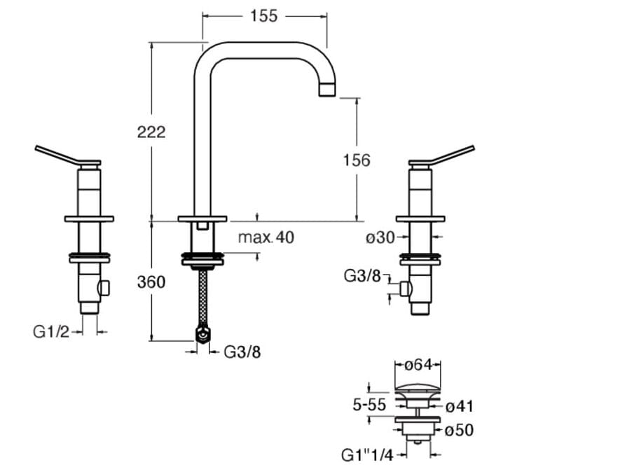 Смеситель для раковины с 3 отверстиями CRISTINA Rubinetterie East Side ARCH-00003038