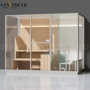 Effegibi MID LO70020001 Комбинированная баня: хаммам - душ и сауна. Установка: к стене. Мощность: 11 кВт макс. Размеры: длина 300 см, ширина 137 см. Отделка: канадский хемлок, Отделка: канадский хемлок, матовый лакированный коричневый аллюминий и темный л