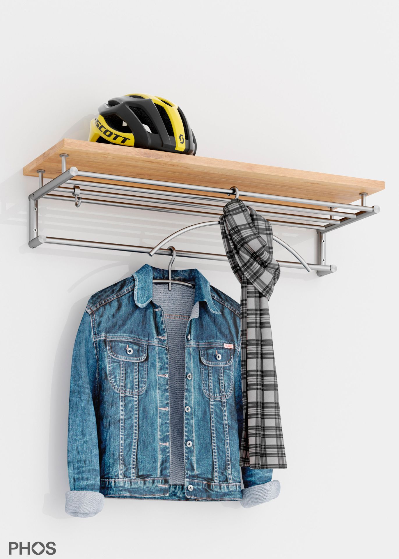 G18-1000-Eiche Навесной шкаф g18 с 5 штангами для одежды и деревянной полкой из массива дуба - ширина 105 см PHOS  - Вид №2