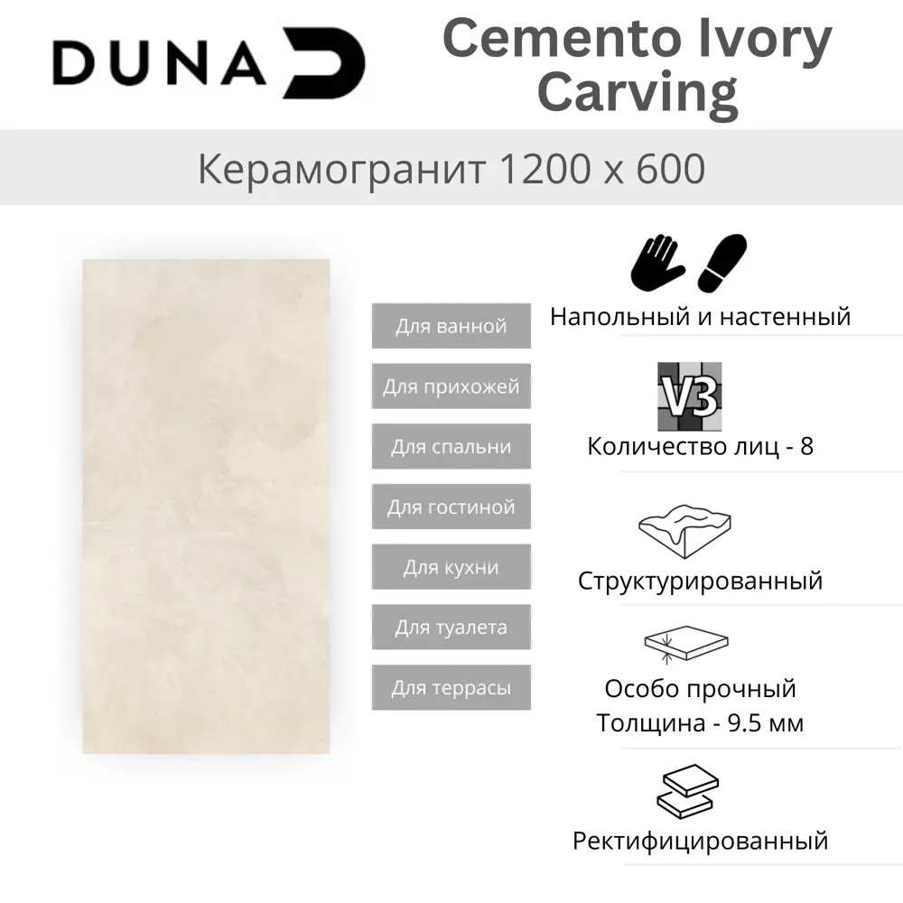Керамогранит Duna Cemento Ivory Carving 60x120 матовый карвинг цвет бежевый 1.44 м² 89417863 STLM-2089217 Santreyd - Вид №8