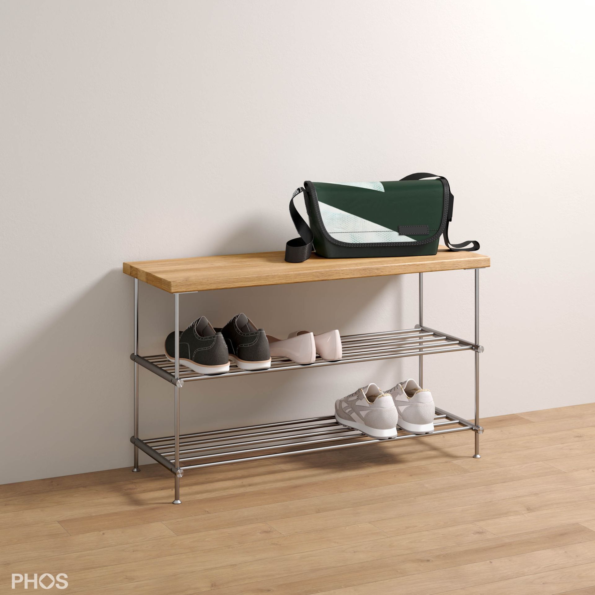 SB1000-2-Eiche Скамья для обуви из дуба, 1 поле, 2 уровня, ширина 105 см PHOS  - Вид №2