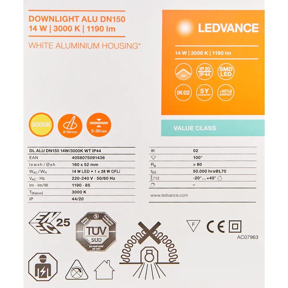 Встраиваемый светильник светодиодный 14 Вт 3000 К WT IP44 83411751 STLM-2151694 LEDVANCE  - Вид №6