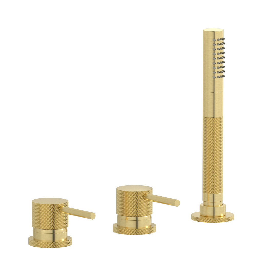 Смеситель на бортик ванной на 4 отверстия с изливом, дивертером и душевым гарнитуром. WE ARE IB id397is Brushed Pale Gold Industria