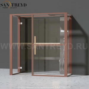 Effegibi LOGICAFILO H LO31030015 Хаммам. Установка: в правый  полуугол. Правая дверь. Мощность: 4,5 кВт макс. Размеры: длина 214 см, ширина 250 см. Отделка: матовый лакированный коричневый аллюминий и темный ламинат из керамогранита.