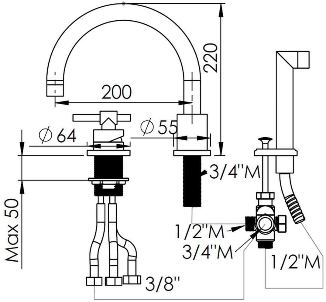 rvb Набор для ванны, однорычажный, с ручным душем, 3 отверстия Dynamic 4527.11.71 - Вид №1
