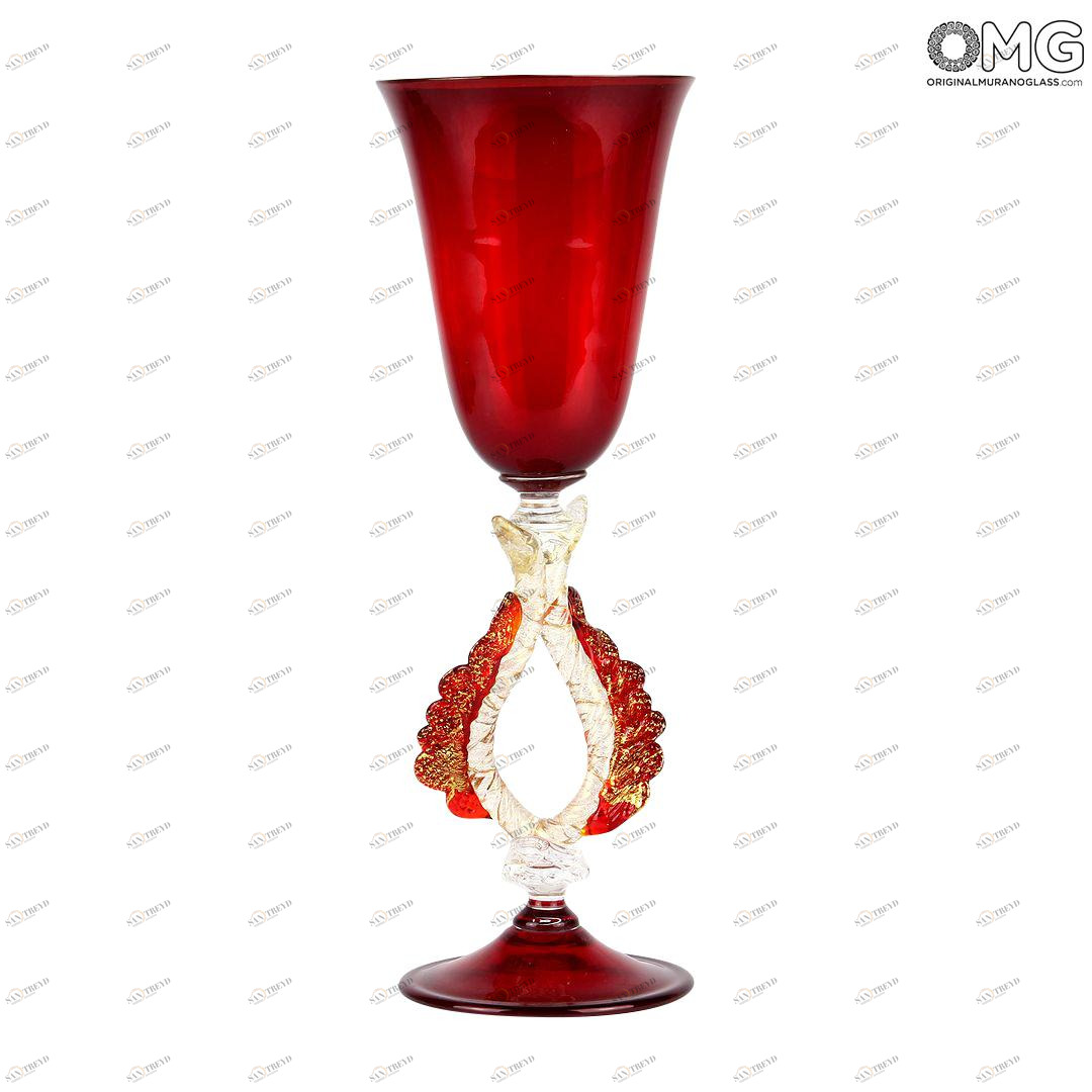 4639 ORIGINALMURANOGLASS Венецианский красный бокал с фигурной ножкой - муранское стекло 10 см 