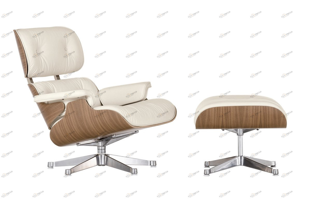 Кресло кожаное с оттоманкой 130х84 см тепло-белое Eames Style Lounge Chair SOHO DESIGN ДИЗАЙНЕРСКИЕ 00-3886255 Белый;коричневый 