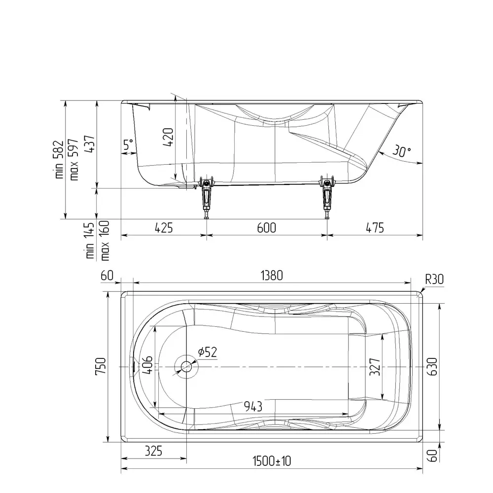 Santreyd Прада - чугунная ванна 150×75 см с глянцевым покрытием 82619568 ЛМ STLM-0031902 - Вид №5