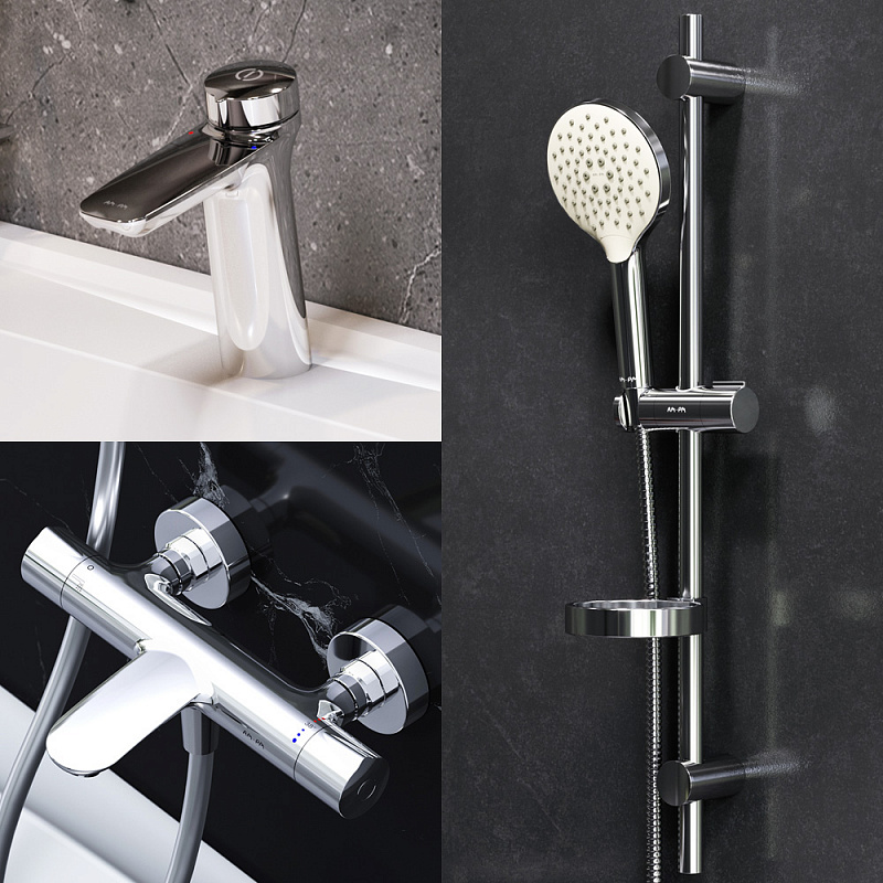 F40950A02 набор 3в1: см-ль д/умывальника см-ль д/ванны/душа с термостатом душ. компл AM.PM Inspire V2.0  - Вид №1