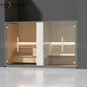 Effegibi LOGICA SH LO40010005 Комбинированная баня: хаммам и сауна. Установка: в нишу. Мощность: 10,5 кВт макс. Размеры: длина 373 см, ширина 171 см. Отделка: канадский хемлок, матовый лакированный серый аллюминий и бежевый ламинат из керамогранита.