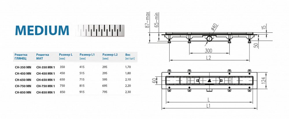 Водоотводящий желоб ALPEN Medium ALP-750MN1 с рамкой  - Вид №1