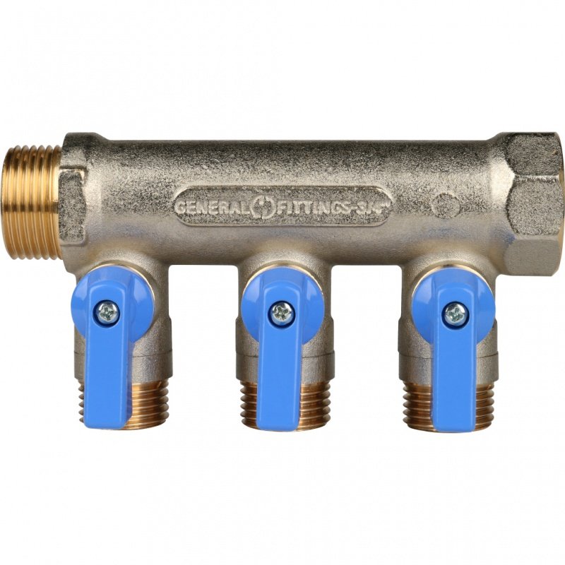 Коллектор с шаровыми кранами 3/4" STOUT 3 выхода 1/2", синие ручки SMB6201341203 - Вид №1