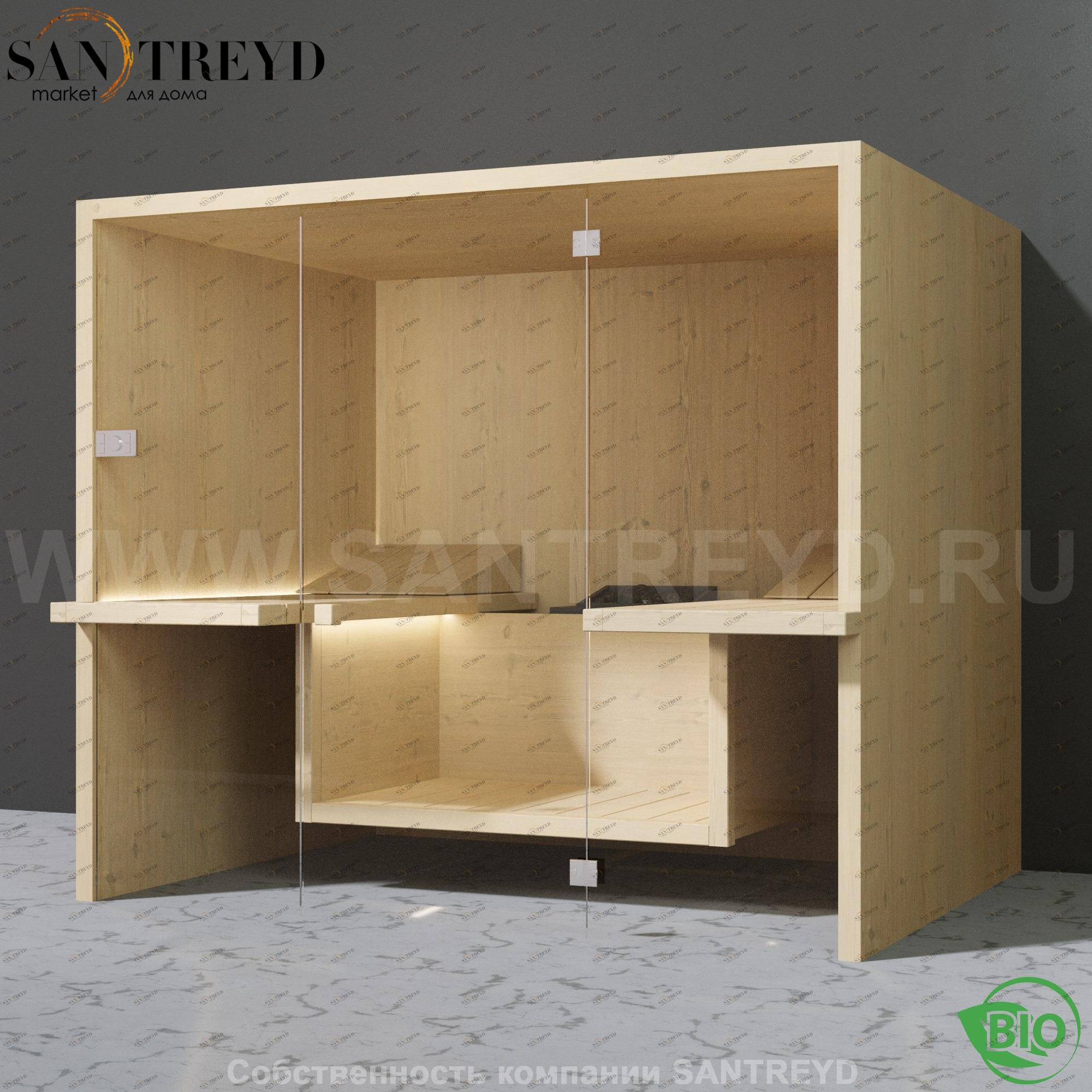 Effegibi AIR BI90800001 Био-сауна. Установка: к стене. Мощность: 9 кВт макс. Размеры: длина 247 см, ширина 182 см. Отделка: осина натуральная.