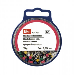 028490 Булавки с пластик. головкой сталь 15 г в пластиковой упаковке с европодвесом разноцветные PRYM