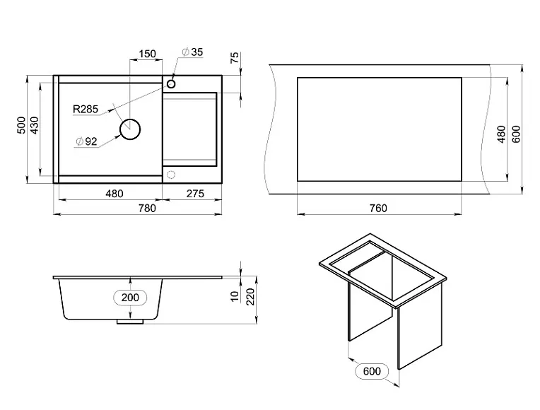 ES-7807, ГРАФИТ, кухонная мойка, кварц, ESTETICA GRANULA 7807-ST261 - Вид №4