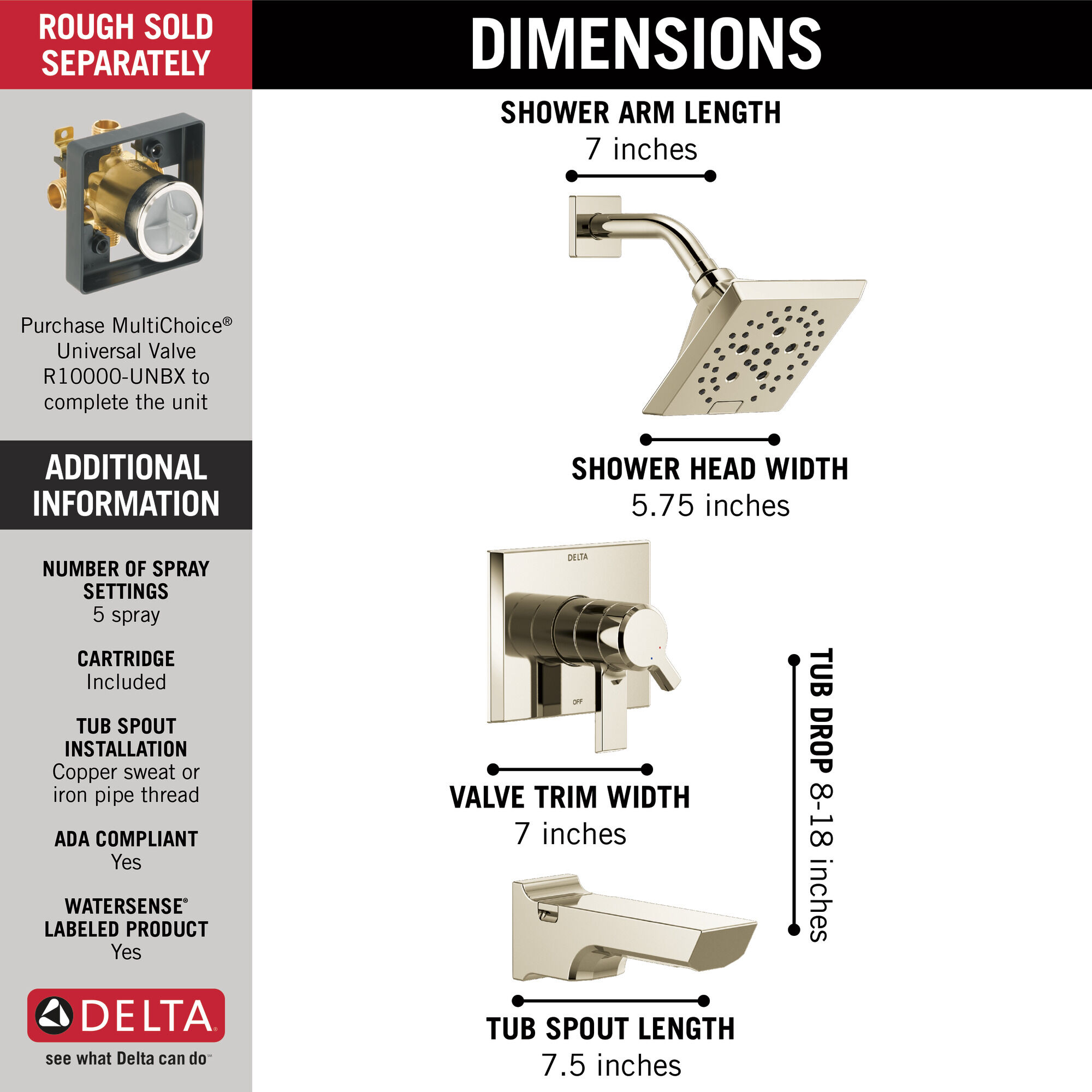 T17499-PN Monitor® 17 Series H2Okinetic® для ванны и душа Delta Faucet Pivotal Полированный никель  - Вид №2
