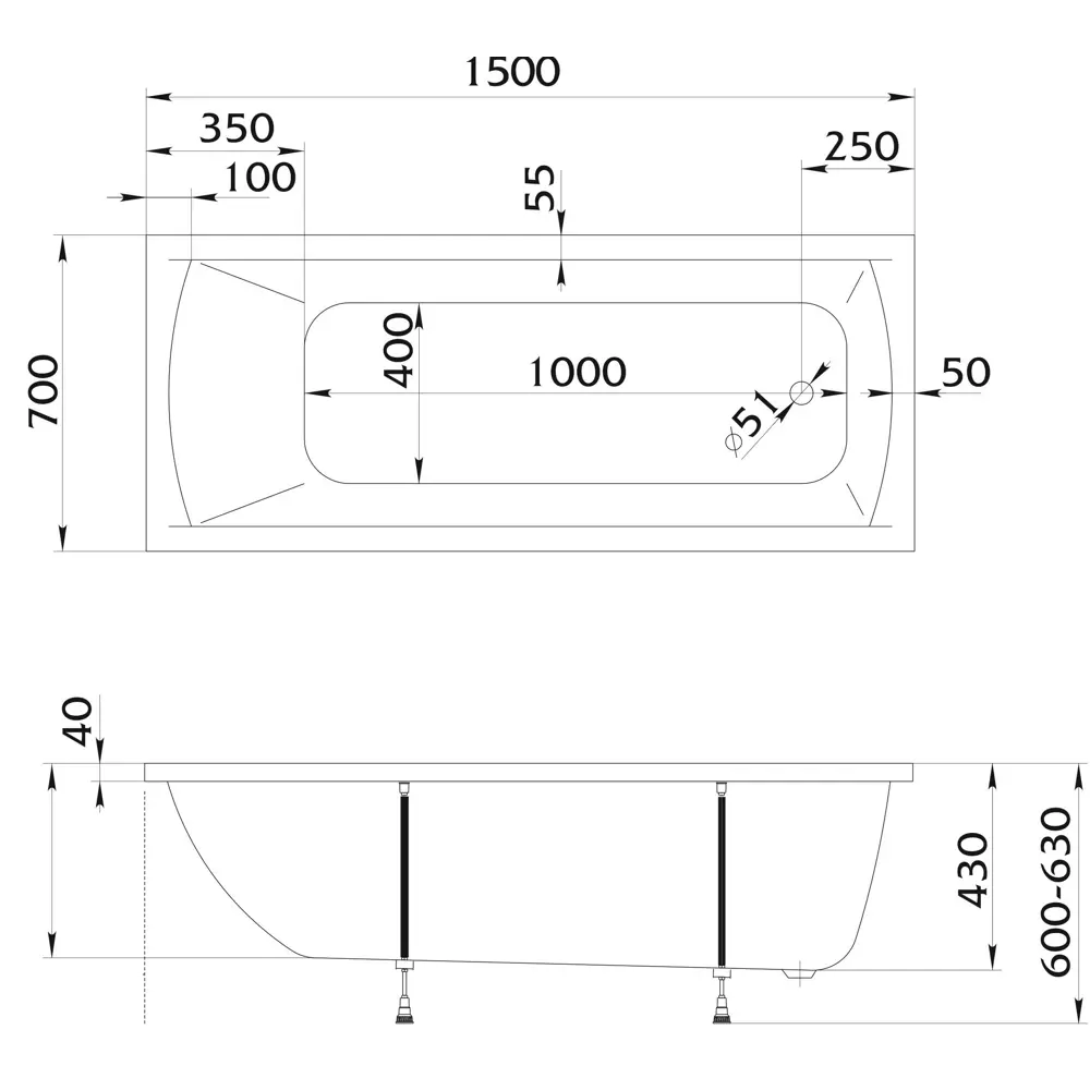 Акриловая ванна 100Acryl Ницца с каркасом 150x70 см 83240764 У99323 STLM-0039834 - Вид №9