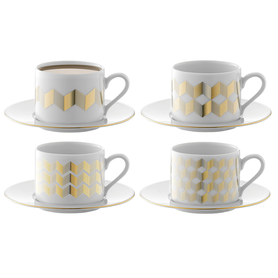 P034-11-146 Набор чашек с блюдцами signature, chevron, 4 шт, 250 мл, золото LSA International 