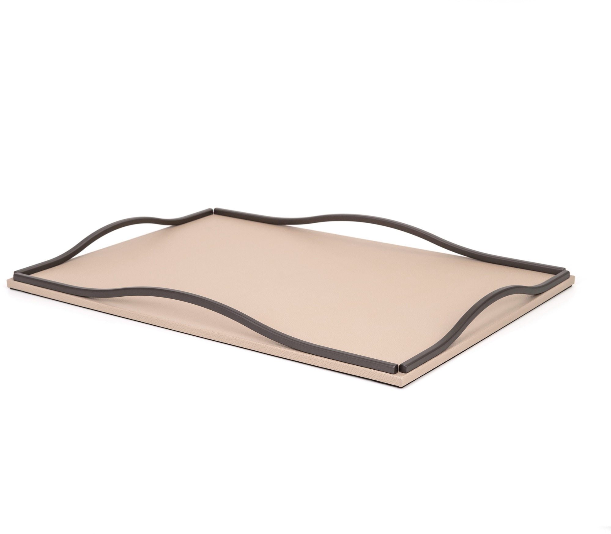 Поднос Wave - 21X21 см / металлическая отделка_сатинированная латунь / зерненая кожа_серо-коричневый