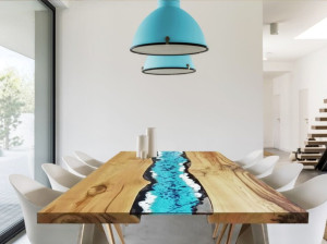 Прямоугольный стол с деревянной столешницей и лавовым камнем