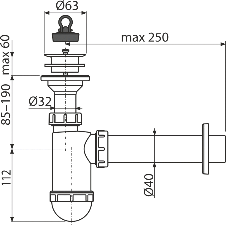 Сифон для умывальника DN40 с пластмассовой peшeткой DN63 ALCAPLAST A42 - Вид №1