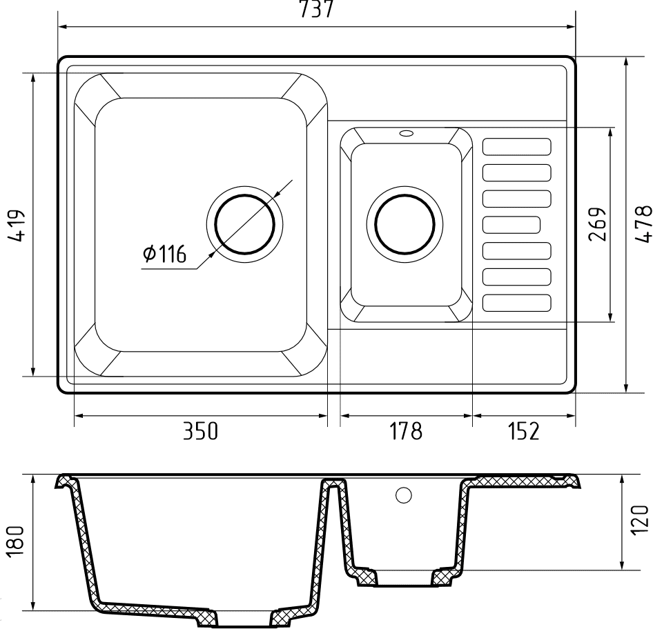 Кухонная мойка Кварц QUARZ S411 GranFest 21К-S411 - Вид №1