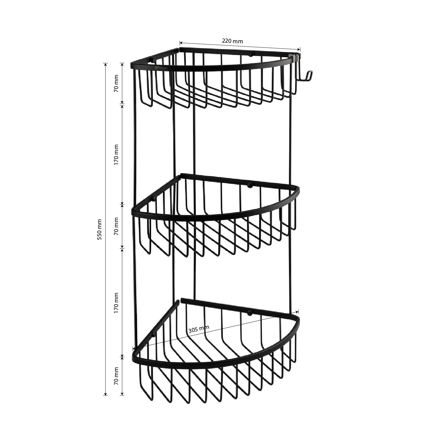 GFmark - Полочка угловая, овальная, тройная, 22 см решетка, под МЕДЬ, код: 77259  - Вид №3