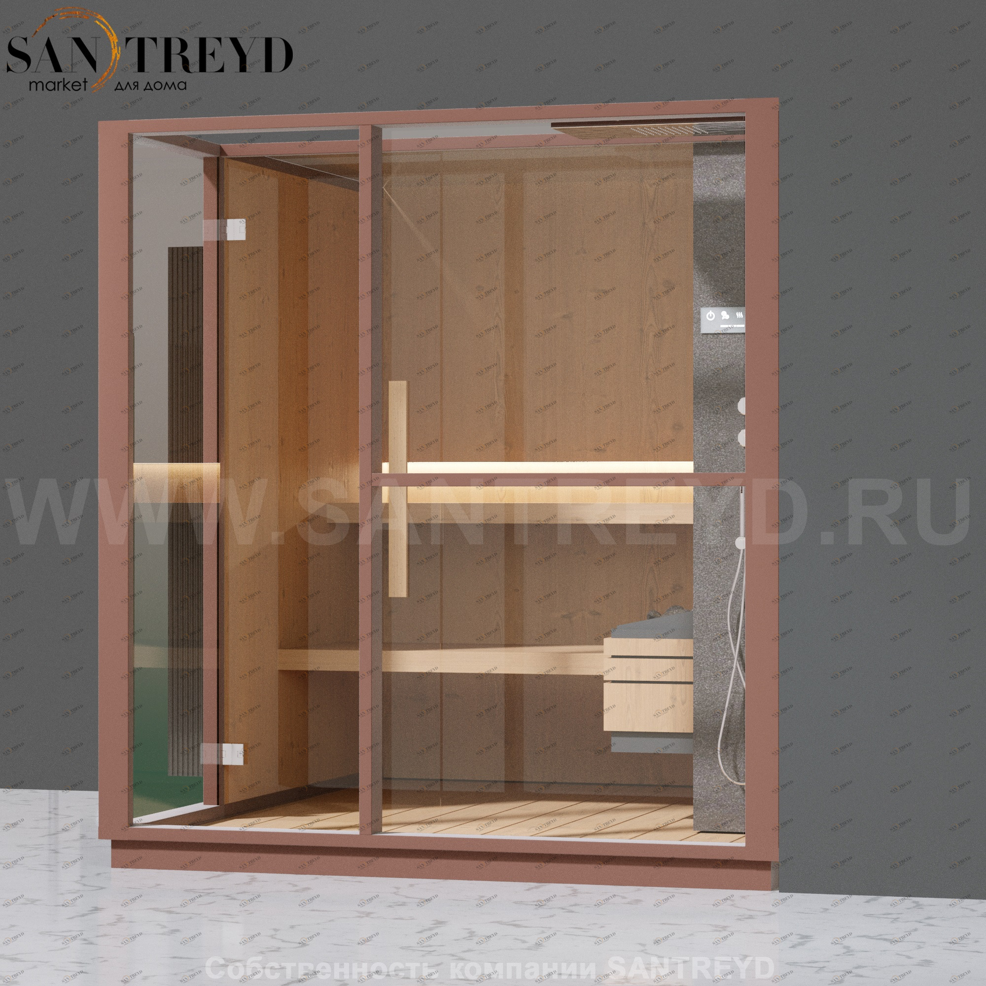 Effegibi LOGICA S LO20030007 Сауна. Установка: в правый угол. Правая дверь. Мощность: 6 кВт макс. Размеры: длина 214 см, ширина 250 см. Отделка: канадский хемлок, матовый лакированный коричневый аллюминий и темный ламинат из керамогранита.