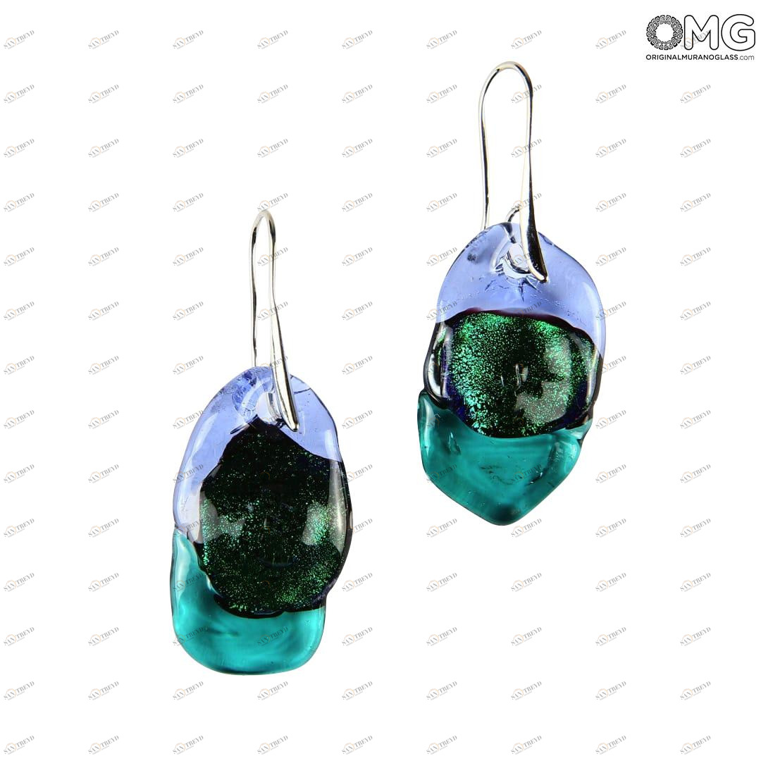 2466 ORIGINALMURANOGLASS Трёхцветные серьги из стекла соммерсо - зелёный и фиолетовый - муранское стекло - Original Murano Glass OMG 2 см 