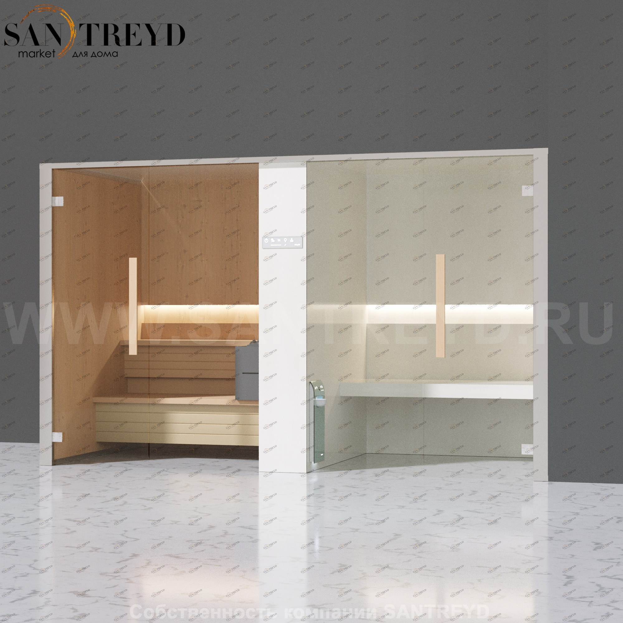 Effegibi LOGICAFILO SH LO41020004 Комбинированная баня: хаммам и сауна. Установка: в правый угол. Мощность: 10,5 кВт макс. Размеры: длина 373 см, ширина 171 см. Отделка: канадский хемлок, матовый лакированный белый аллюминий и серый ламинат из керамограни