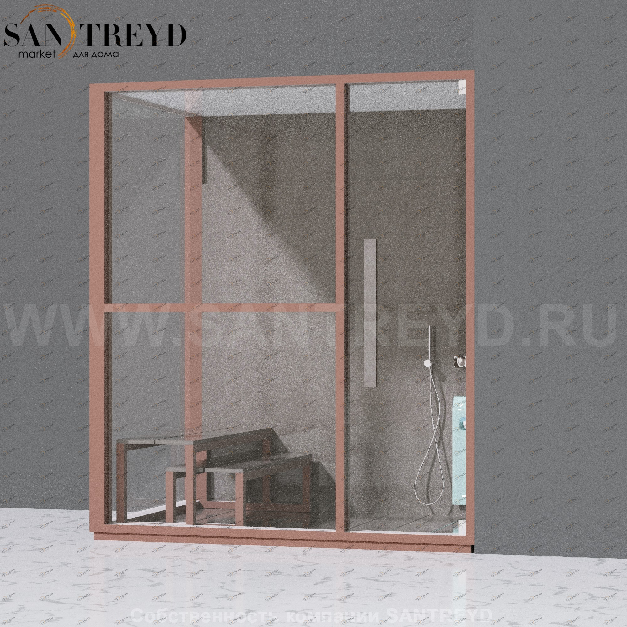 Effegibi H LARGE LO80030006 Комбинированная баня: хаммам и душ. Установка: в правый угол. Левая дверь. Мощность: 4,5 кВт макс. Размеры: длина 173 см, ширина 102 см. Отделка: матовый лакированный коричневый аллюминий и темный ламинат из керамогранита.