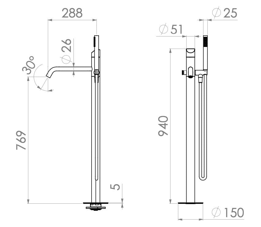 Смеситель для ванны из нержавеющей стали с ручным душем Radomonte Dun ARCH-00097527 - Вид №1