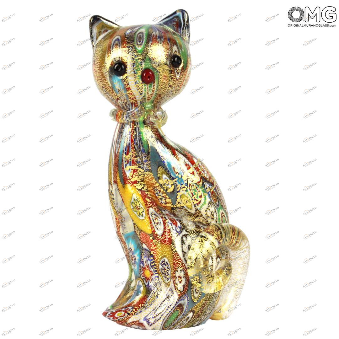 3785 ORIGINALMURANOGLASS Фигурка кота Миллефиори Муррины золото - муранское стекло OMG 4 см 