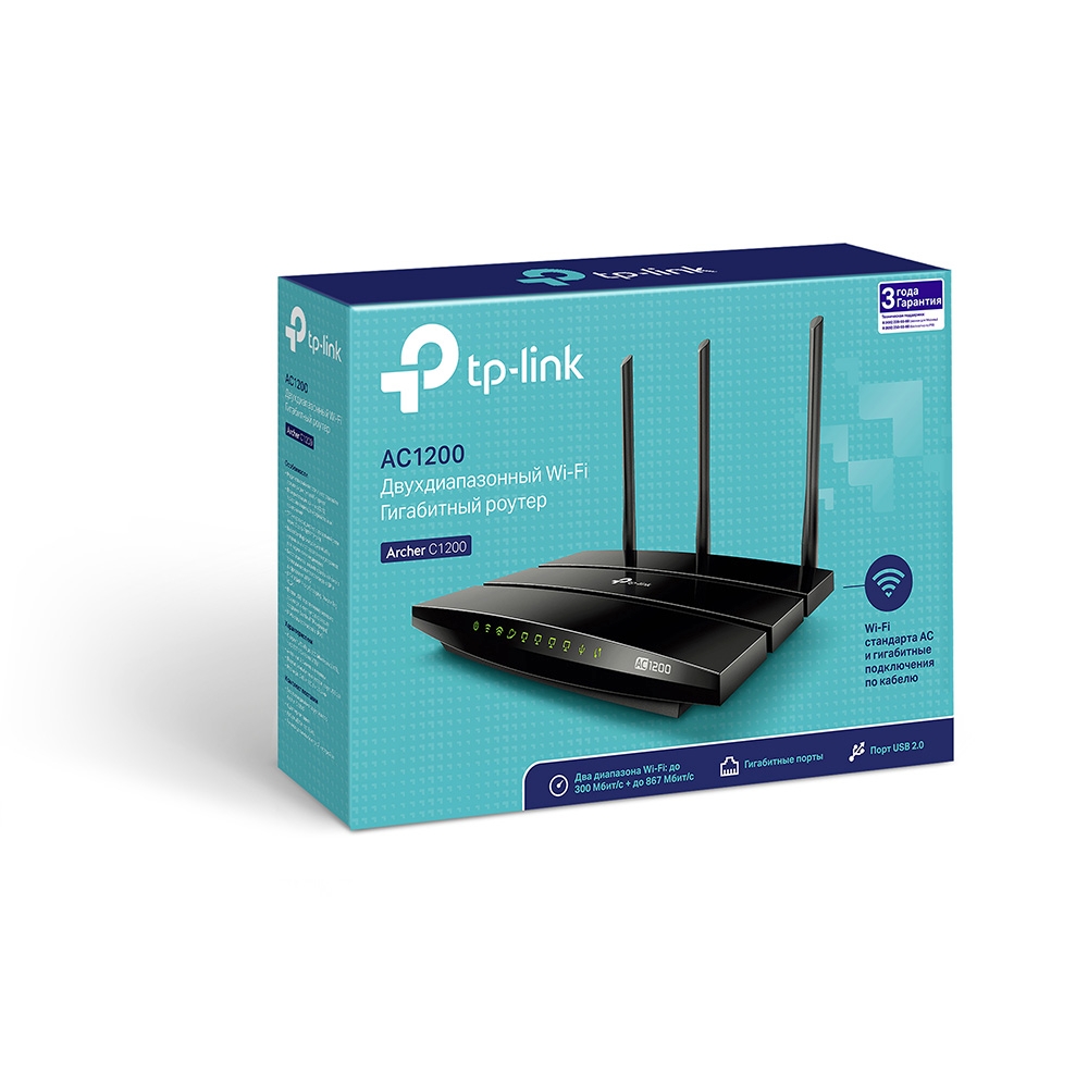 Archer C1200 Ac1200 dual band wireless gigabit router, broadcom, 867mbps at 5ghz + 300mbps at 2.4ghz, 802.11ac/a/b/g/n, beamforming, 1 gigabit wan + 4 gigabit lan, wireless on/off, 1 usb 2.0 ports, 3 fixed antennas TP-Link Santreyd  - Вид №3