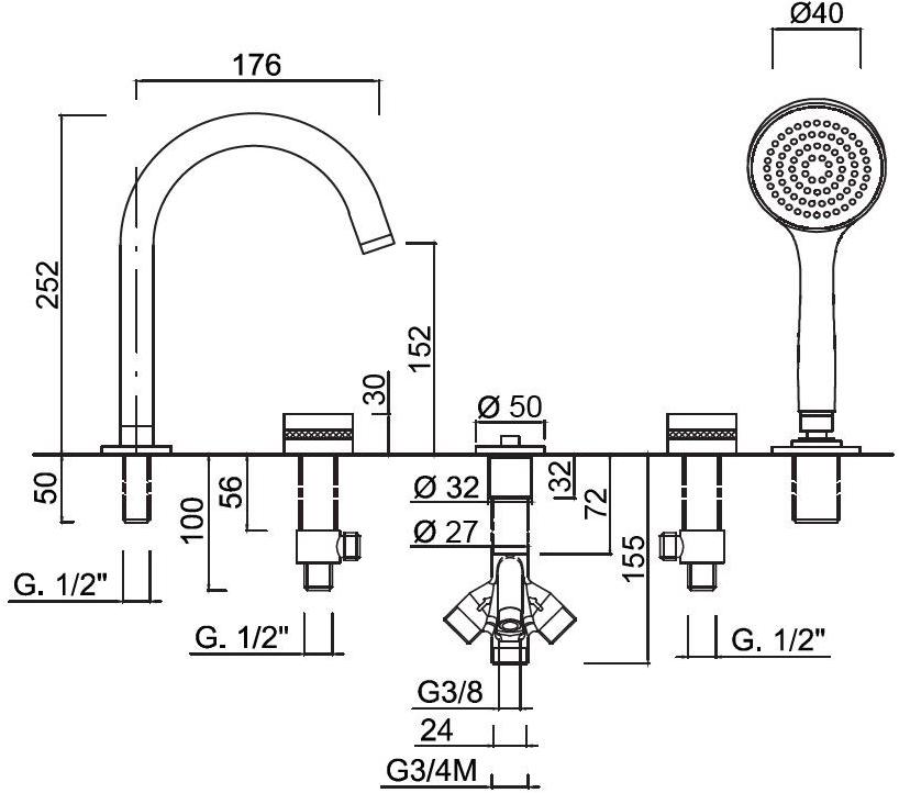 Rubinetteria Giulini Смеситель для ванны на 5 отверстий с ручным душем Deluxe - myring Fmr0160dl - Вид №1