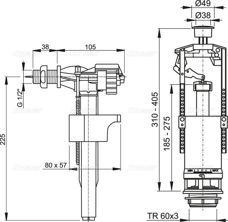 Выпускной комплект со СТОП кнопкой ALCAPLAST SA2000SK38 - Вид №1