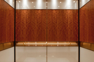 FSRT781 Интерьер лифта Levele-106 с основными панелями, облицованными нестандартным деревянным шпоном; вивихромовое хромисовое стекло с прослойкой нестандартного цвета и стандартной отделкой; панели перил из плавленой бронзы, сатинированная отделка на час Forms-surfaces 