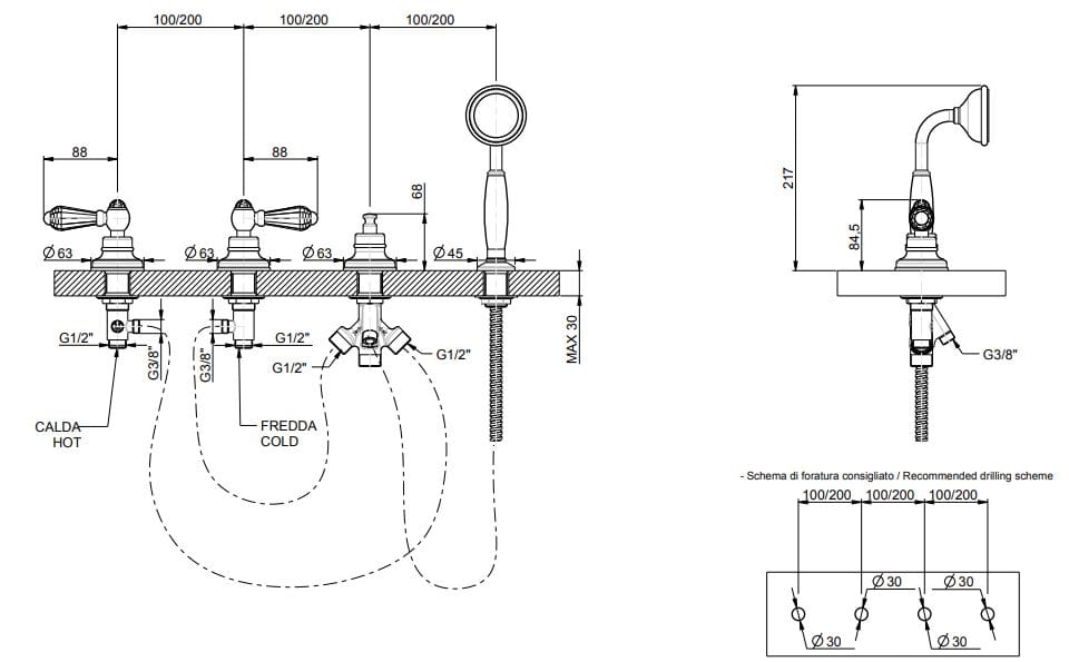 Смеситель для ванны с 4 отверстиями и ручным душем Rubinetterie Frattini Lybra M Style ARCH-00001283 - Вид №1