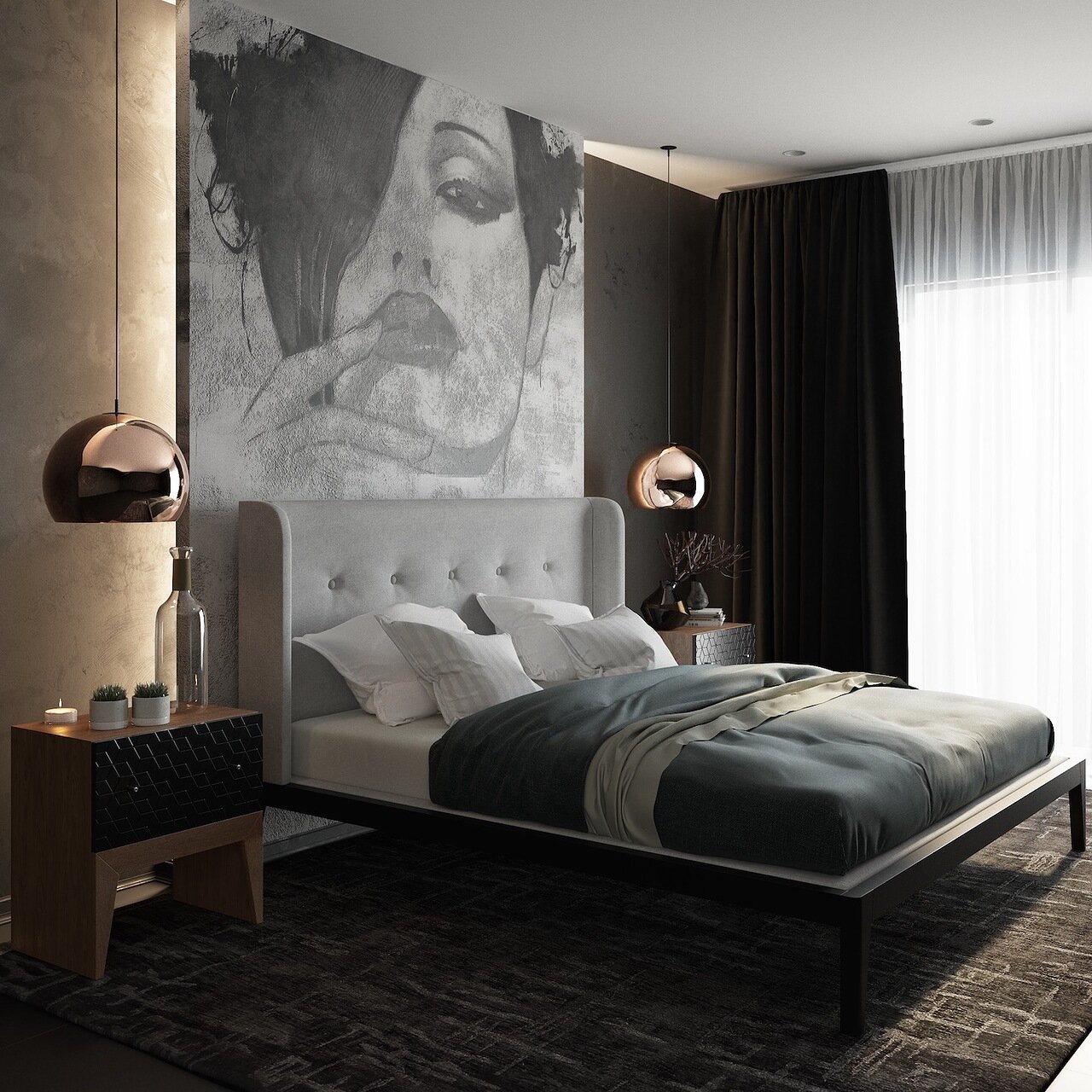 Тумбочка прикроватная для спальни с ящиком черная с рисунком "Ромб" Still New BRAGIN DESIGN  256448 Черный  - Вид №1