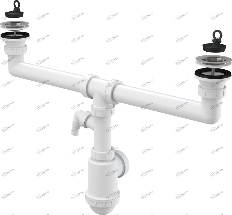Сифон для сдвоенной мойки с нержавеющими решетками DN70 и штуцером ALCAPLAST A449PDN5040
