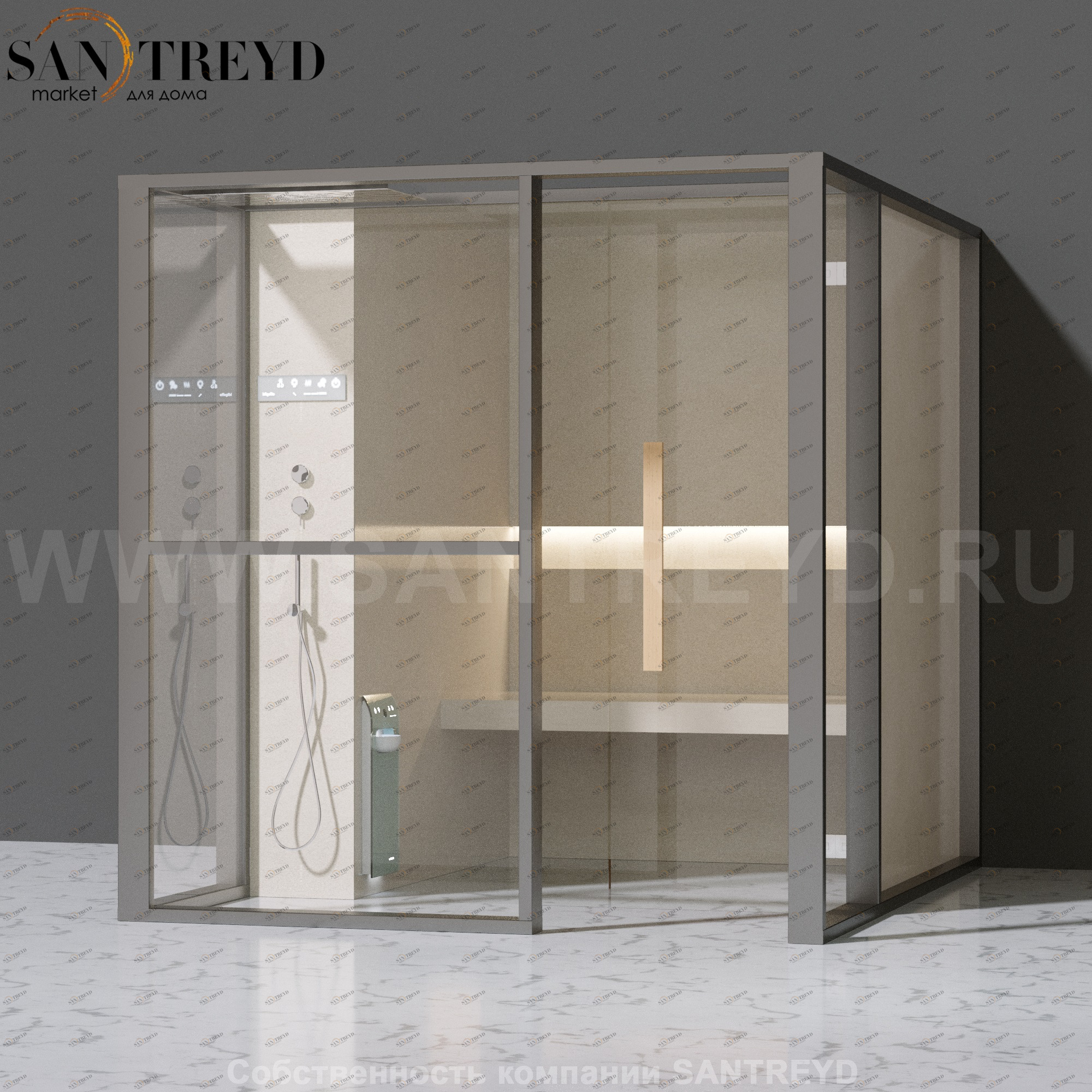 Effegibi LOGICAFILO H LO31010002 Хаммам. Установка: к стене. Левая дверь. Мощность: 4,5 кВт макс. Размеры: длина 214 см, ширина 250 см. Отделка: матовый лакированный серый аллюминий и бежевый ламинат из керамогранита.